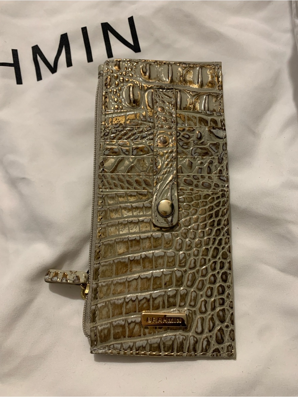 New Brahmin Slim Embossed Leather Credit Card Wallet in Smoke